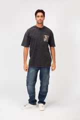 Men's Washed Text Print Oversized Round Neck Half Sleeves T-shirt