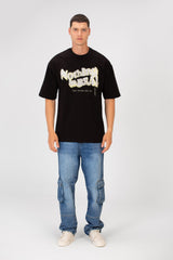 Men's Oversized Round Neck Short Sleeves Front Text Print Melton T-shirt