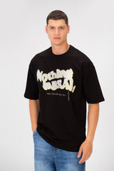 Men's Oversized Round Neck Short Sleeves Front Text Print Melton T-shirt