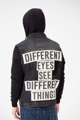 Men's Back Text Print Denim Jacket With Melton Sleeves And Hood