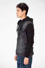 Men's Back Text Print Denim Jacket With Melton Sleeves And Hood