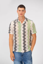 Men's Slim Fit Mesh Jakar Half Sleeve Shirt With Collar And Full Button Closure