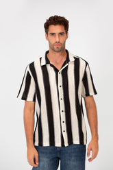 Men's Half Sleeve Striped Slim Fit Mesh Shirt With Collar And Full Buttons