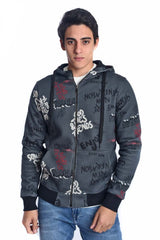 سويت شيرت رجالي بقصة ضيقة وغطاء رأس مطبوع وسحاب كامل