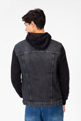 Men's Denim Front Pockets Jacket With Melton Sleeves & Hood