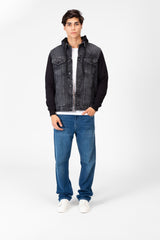 Men's Denim Front Pockets Jacket With Melton Sleeves & Hood