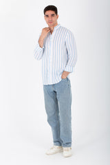 Mens Long Sleeved Striped Shirt In Comfortable Linen Material