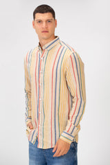 Men's Striped Linen Regular Fit Long Sleeves Shirt with Full Front Button