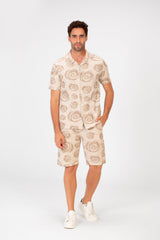 طقم رجالي شبكي بنصف كم وأزرار كاملة وقميص قصير