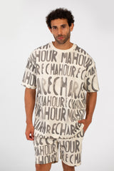 طقم ملابس رجالي كاجوال مطبوع بمقاس عادي، يتكون من تي شيرت بأكمام نصفية وشورت