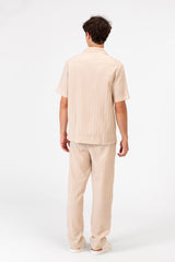 طقم ملابس رجالي من الكتان بقصّة Slim Fit قابل للتنفس، قميص وبنطال بأكمام قصيرة