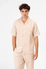 طقم ملابس رجالي من الكتان بقصّة Slim Fit قابل للتنفس، قميص وبنطال بأكمام قصيرة