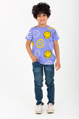 Boy's Smiley Face Printed Half Sleeve T-Shirt With Round Neck