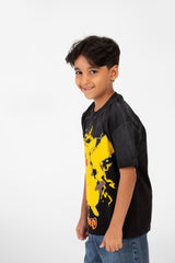 تي شيرت للأولاد بأكمام قصيرة ورقبة دائرية ومقاس كبير مع طبعة بيكاتشو أمامية