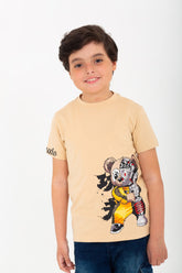 Boys' half-sleeved T-shirt made of soft cotton with a round neck and a distinctive front print