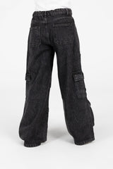 بنطلون جينز واسع الساق للبنات مع جيوب جانبية