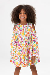 Girls Floral Round Long Sleeves Dress In White