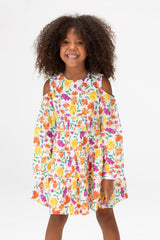 Girls Floral Round Long Sleeves Dress In White