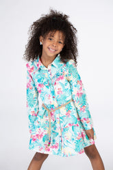Girls Flowers Print Dress In Turquoise With Waist Belt And A Distinctive Cut Collar