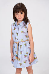 Girls Sleeveless Floral Dress With A Burlap Belt In The Middle Baby Blue