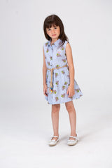Girls Sleeveless Floral Dress With A Burlap Belt In The Middle Baby Blue