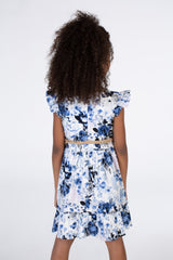 Girls Floral Cut Dress With A Round Neck And A Waist Belt In Blue