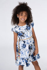 Girls Floral Cut Dress With A Round Neck And A Waist Belt In Blue