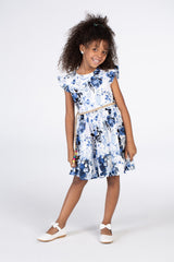 Girls Floral Cut Dress With A Round Neck And A Waist Belt In Blue