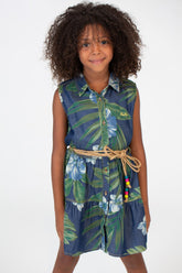 Girls Wooded Floral Dress With Drawstring At The Middle And Buttons On The Front Green
