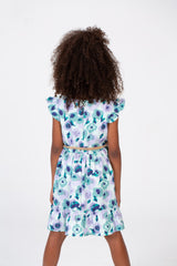 Girls Fabric Floral Dress With A Burlap Belt In The Middle And Ruffled Shoulders Green