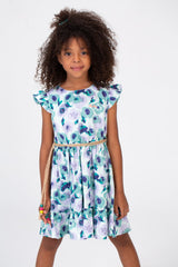 Girls Fabric Floral Dress With A Burlap Belt In The Middle And Ruffled Shoulders Green