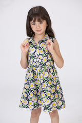 Girls Cut Navy Floral Dress With Collar