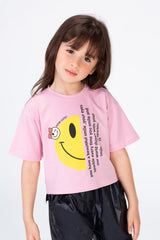 Girls Smily Face Short T-shirt With Wide Short Sleeves