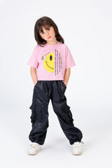 Girls Smily Face Short T-shirt With Wide Short Sleeves