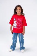 Girls Round Wide Cut Short Sleeved Printed T-shirt