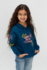Girl's Hooded Round Neck Long Sleeves Front Printed Padded Sweatshirt