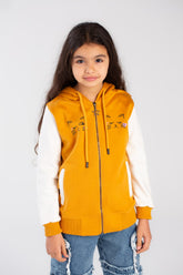 Girl's Full Zipper Padded Front Printed Unique Style Hooded Padded Sweatshirt