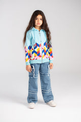 Girl's Full Zipper Padded Front & Back Printed Hooded Padded Sweatshirt