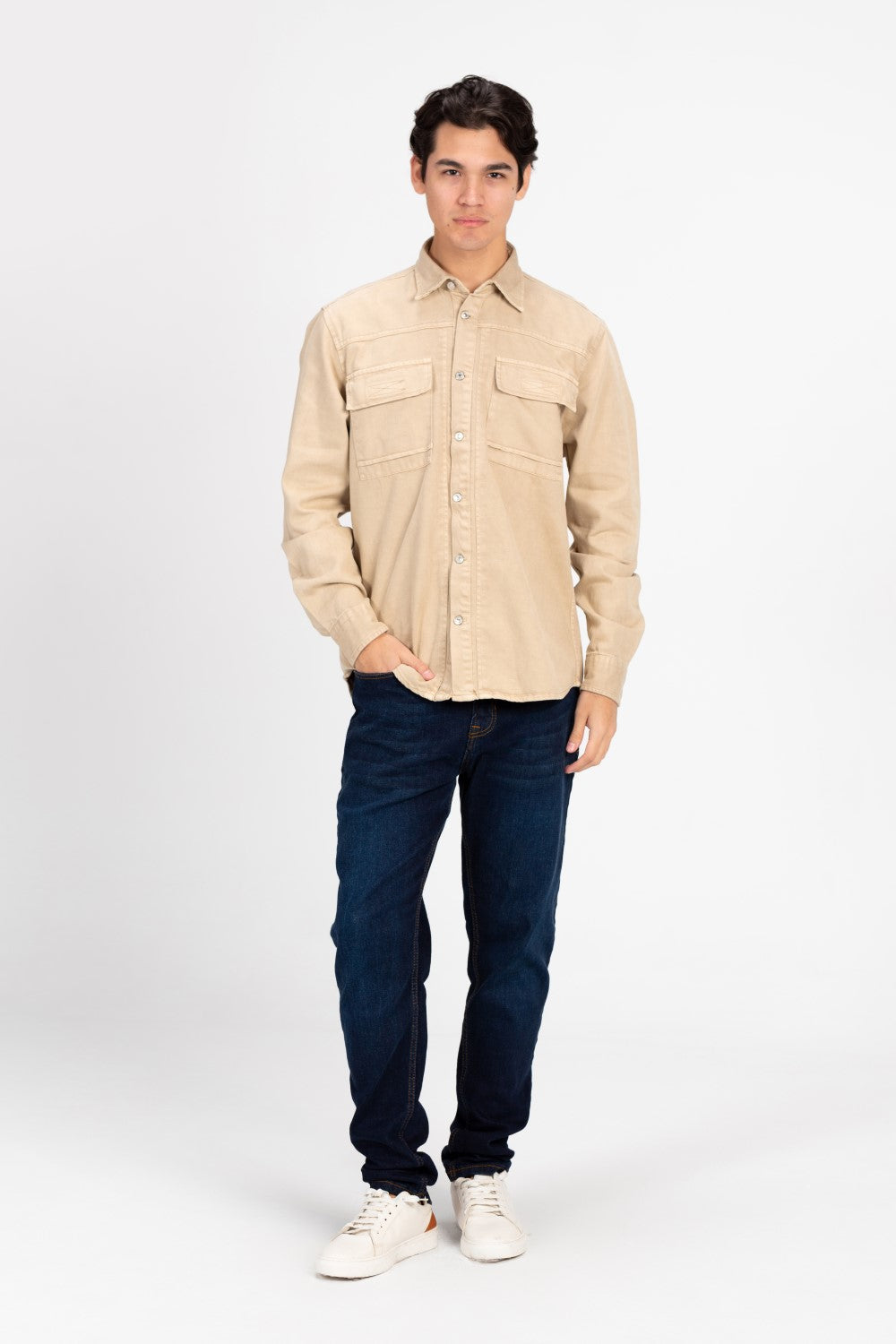 Men's Basic Gabardine Shirt With Front Buttons And Pockets