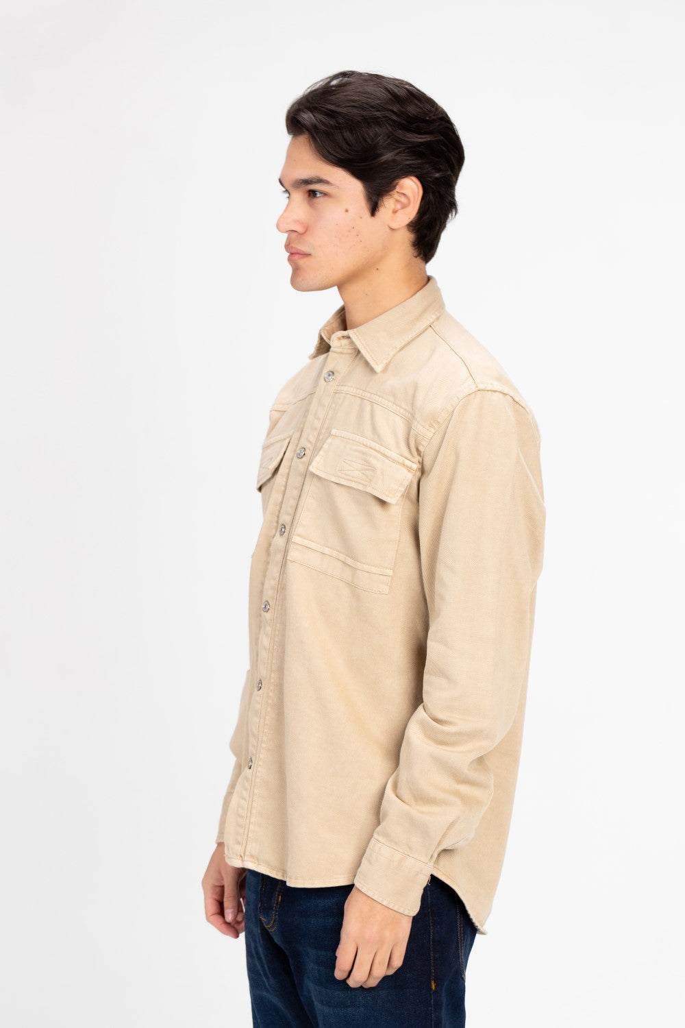 Men's Basic Gabardine Shirt With Front Buttons And Pockets