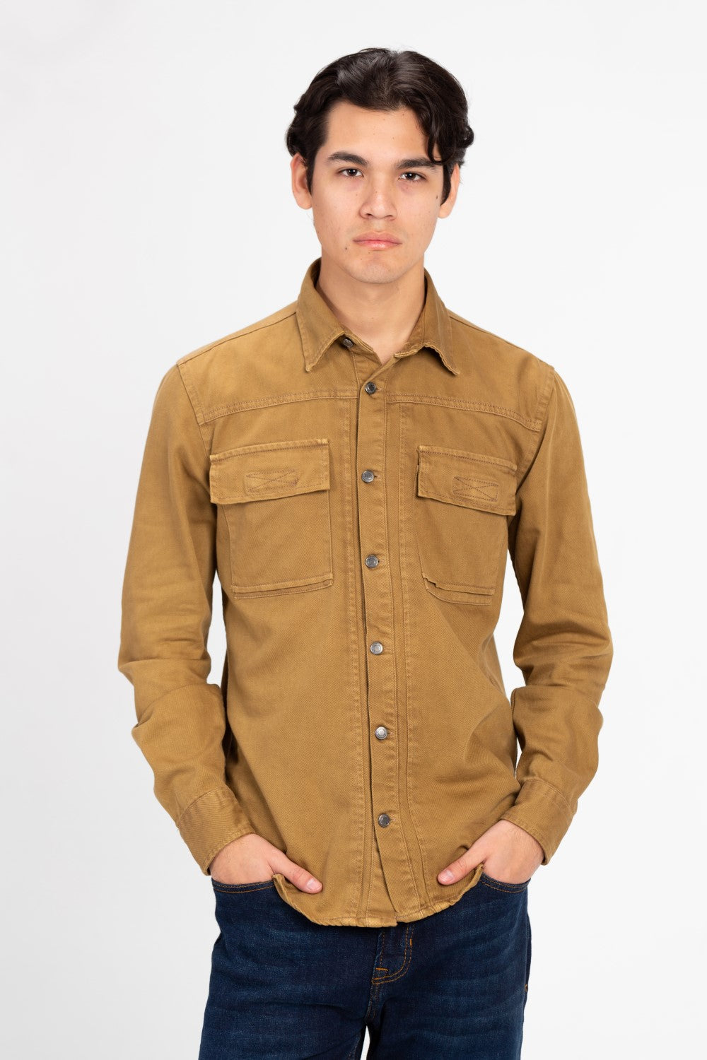 Men's Basic Gabardine Shirt With Front Buttons And Pockets