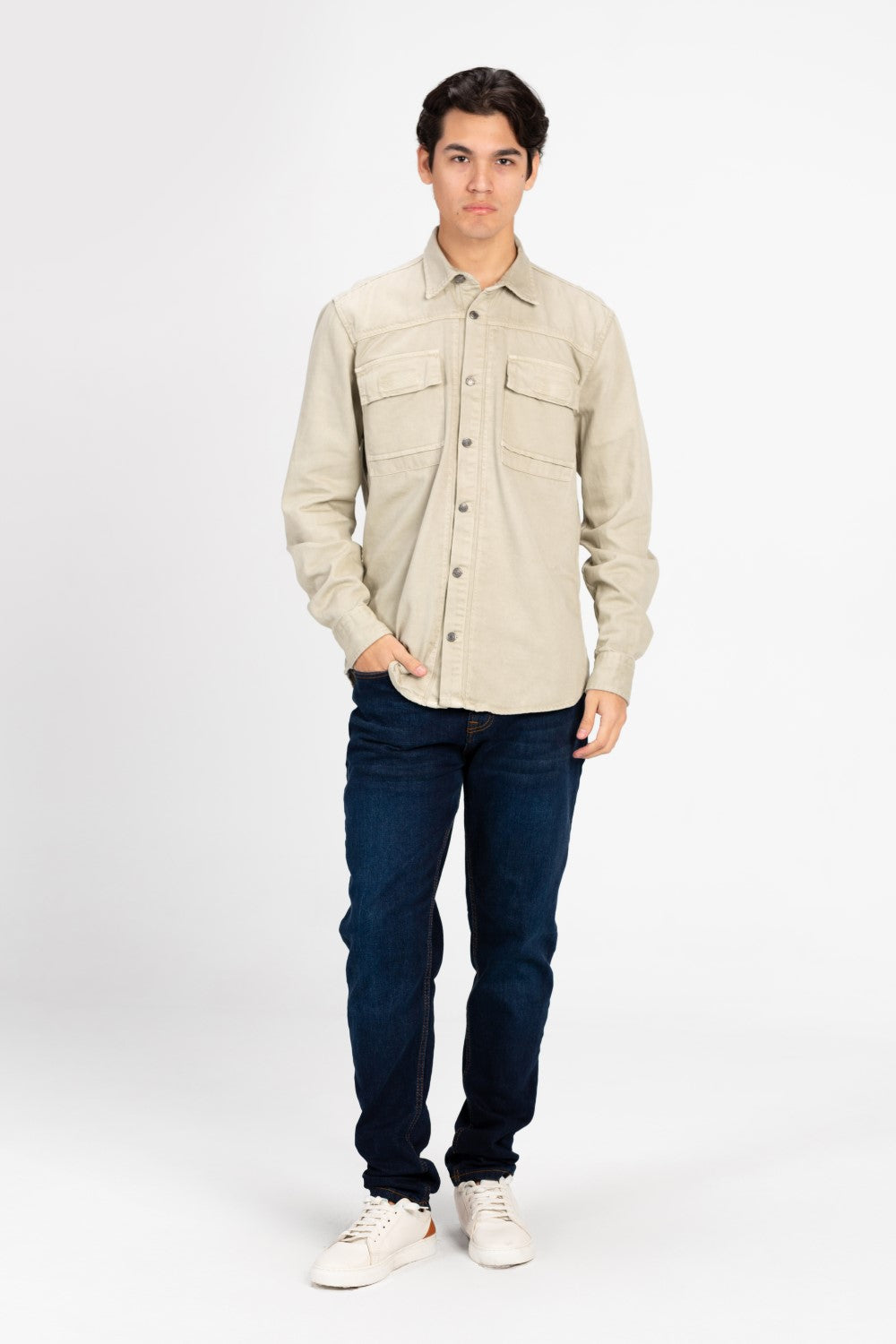 Men's Basic Gabardine Shirt With Front Buttons And Pockets