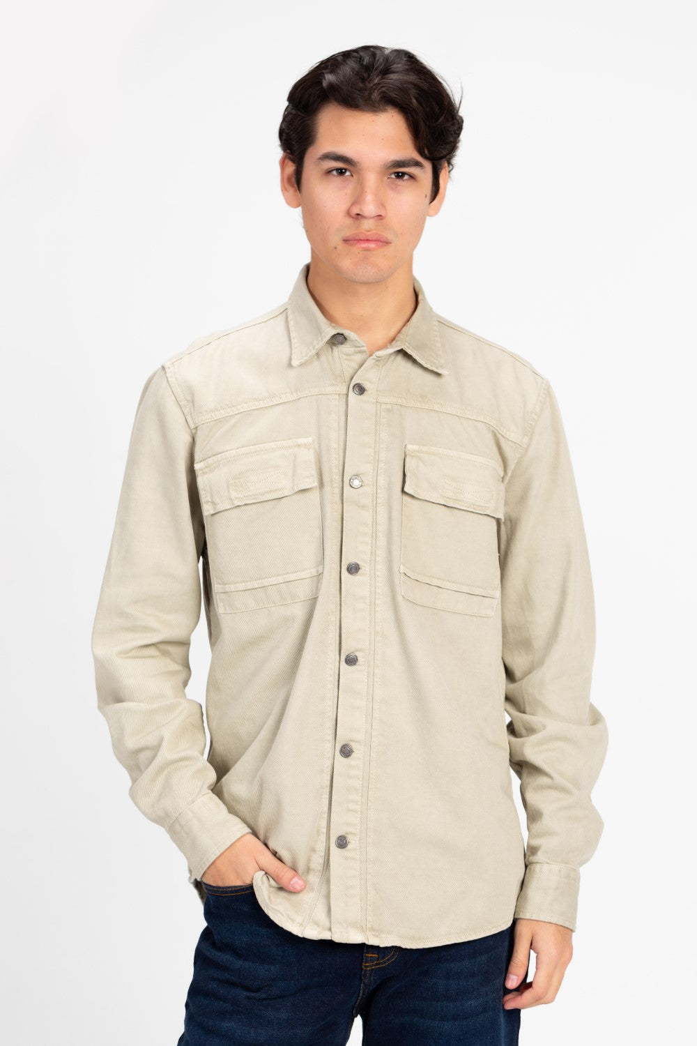 Men's Basic Gabardine Shirt With Front Buttons And Pockets