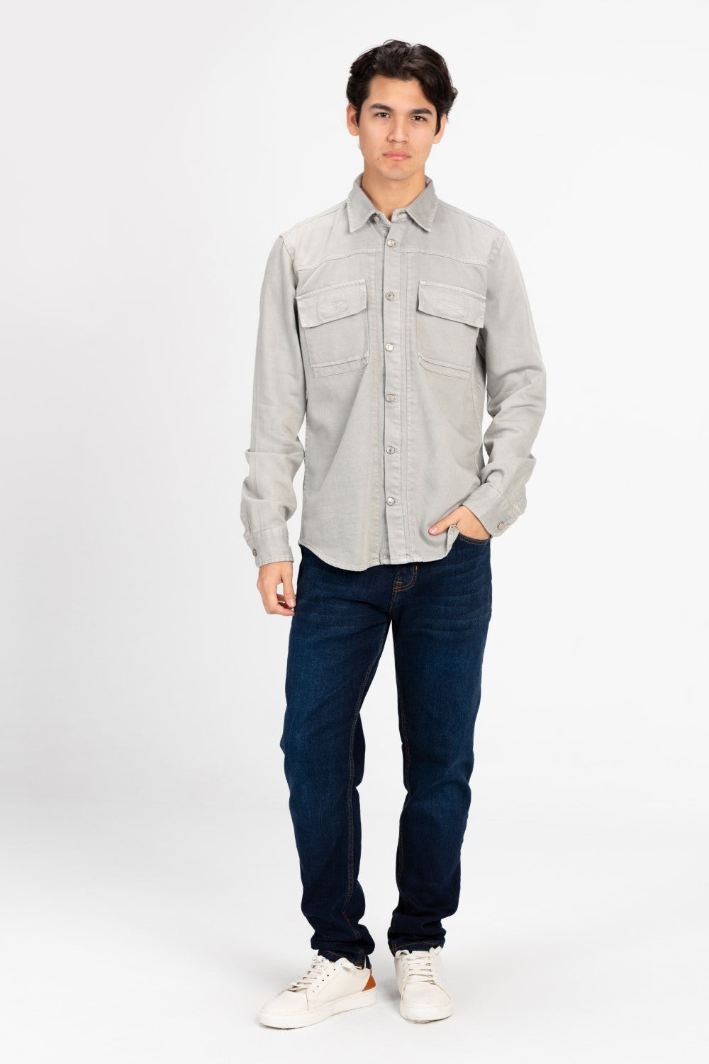 Men's Basic Gabardine Shirt With Front Buttons And Pockets