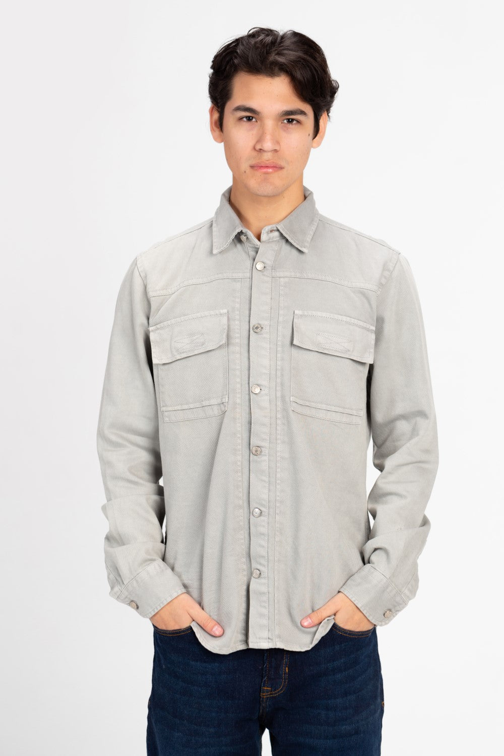Men's Basic Gabardine Shirt With Front Buttons And Pockets