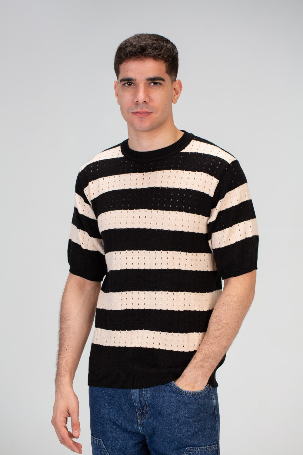 Mens Striped Slim Fit Half Sleeve Trico T-shirt With A Unique Summer Cut