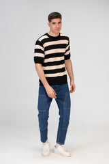 Mens Striped Slim Fit Half Sleeve Trico T-shirt With A Unique Summer Cut
