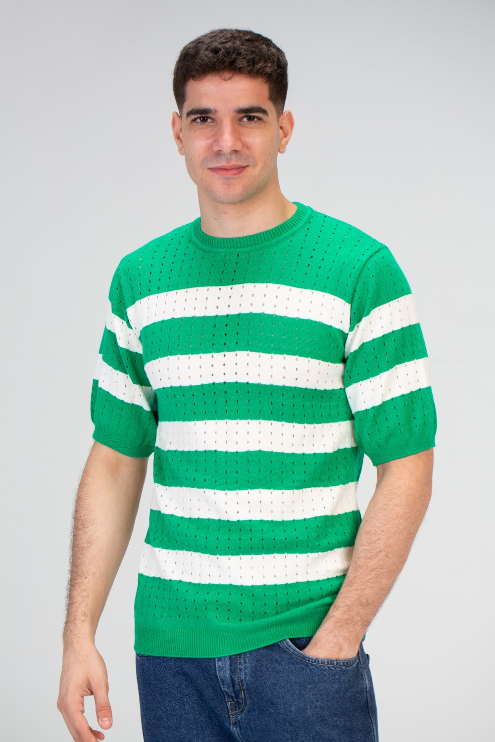 Mens Striped Slim Fit Half Sleeve Trico T-shirt With A Unique Summer Cut
