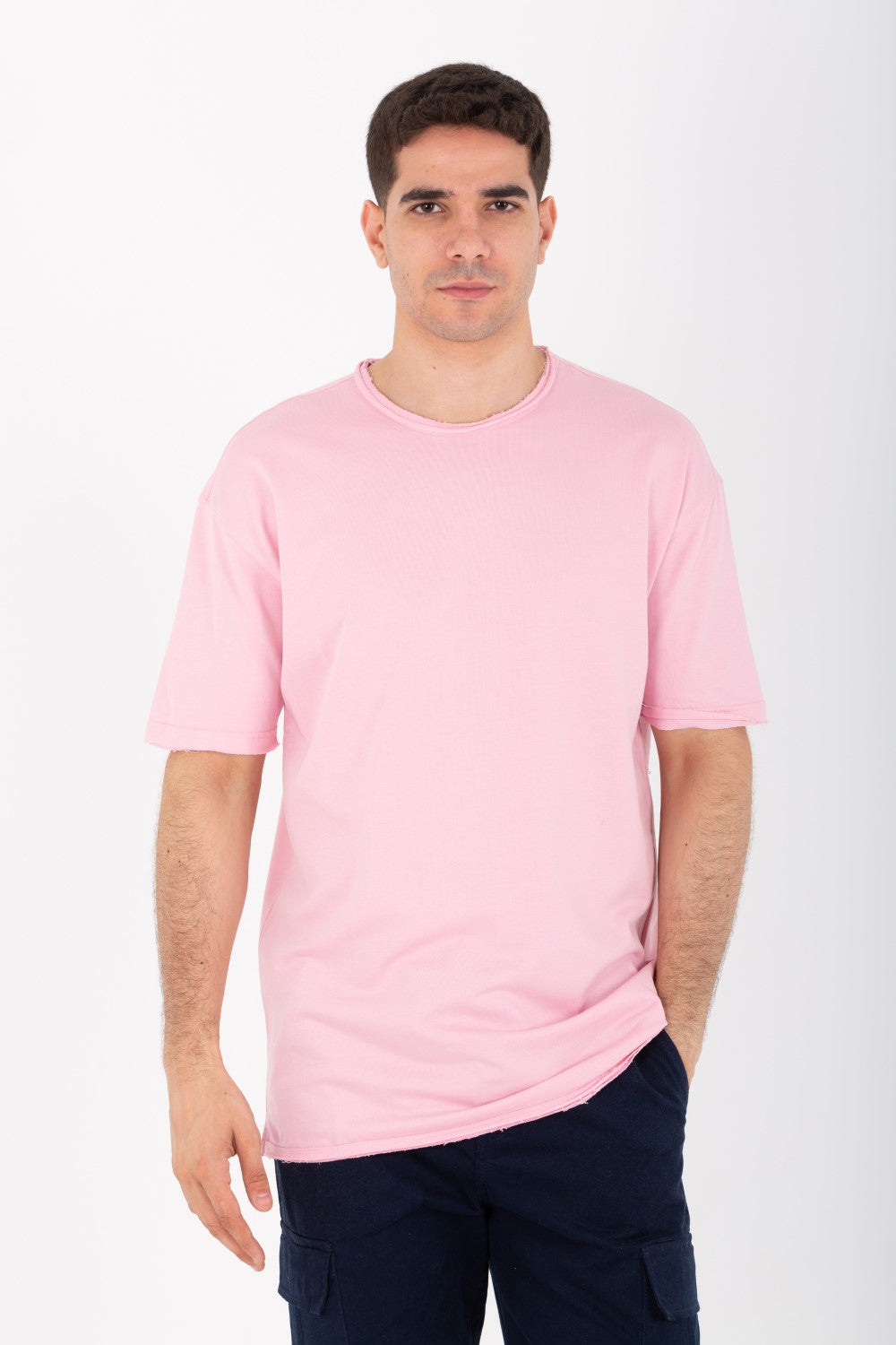 تي شيرت رجالي سادة كبير الحجم بأكمام قصيرة ورقبة دائرية