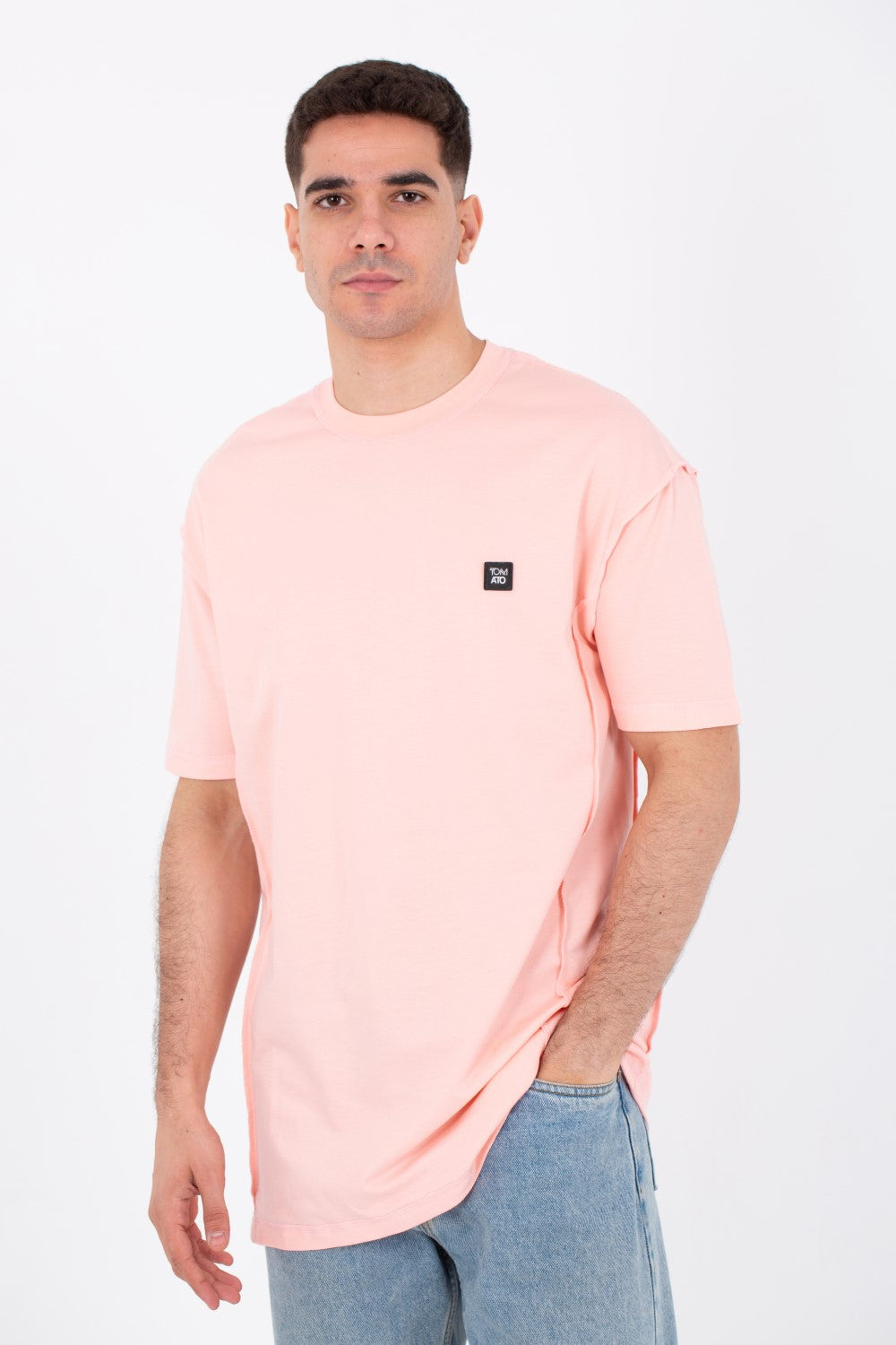 Mens Oversize Basic Plain T-shirt With A Round Neck And A Tomato Patch On The Front